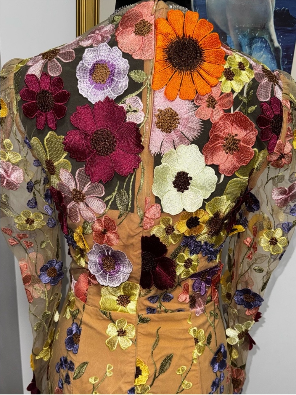 Floral Appliqué Sheer Long-Sleeve Midi Dress - Multi - Picture 8 of 11